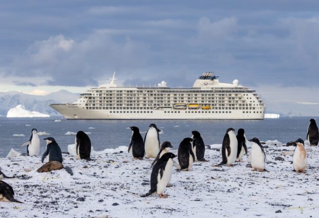 penguins on ice with ship in background in Cape Adare
